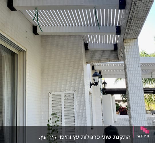 פרגולה מעץ לבן עם צמח מטפס ירוק